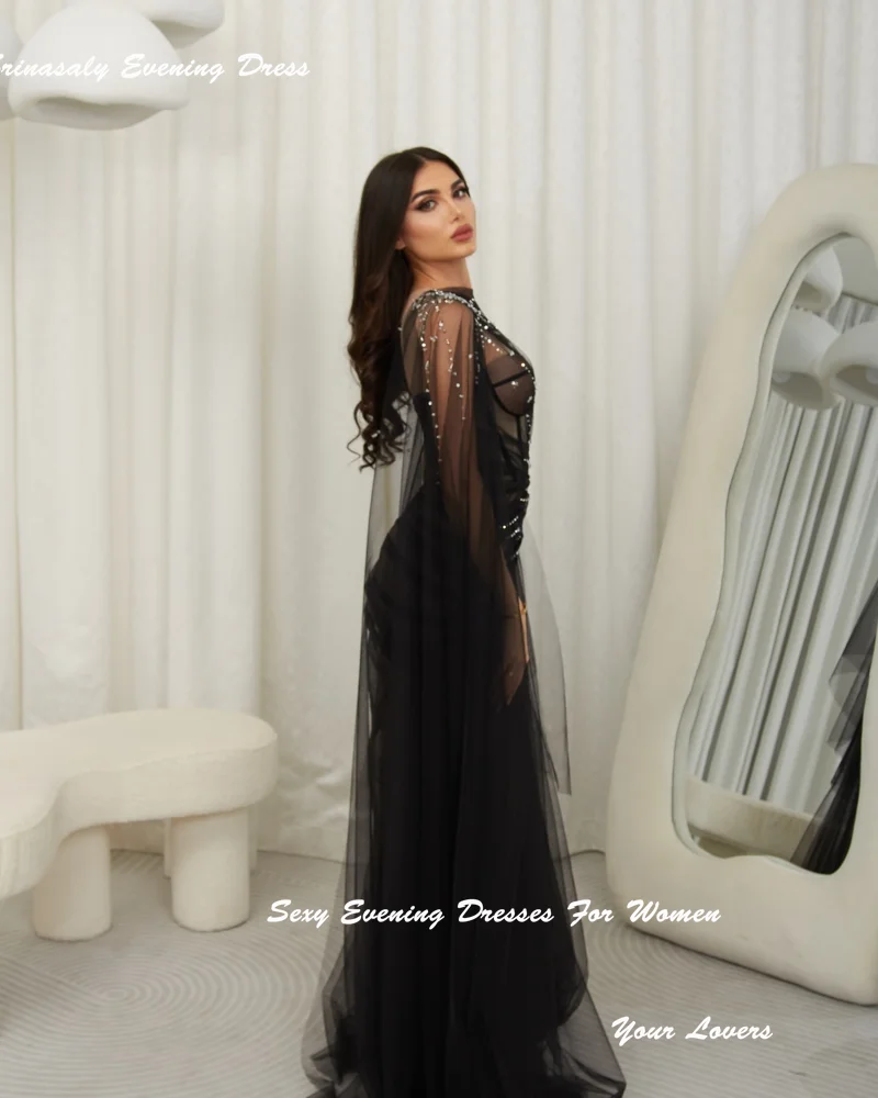 Robes de soirée formelles personnalisées en Tulle noir, robes de soirée de luxe avec cristaux pour femmes, longues robes de soirée de Cocktail