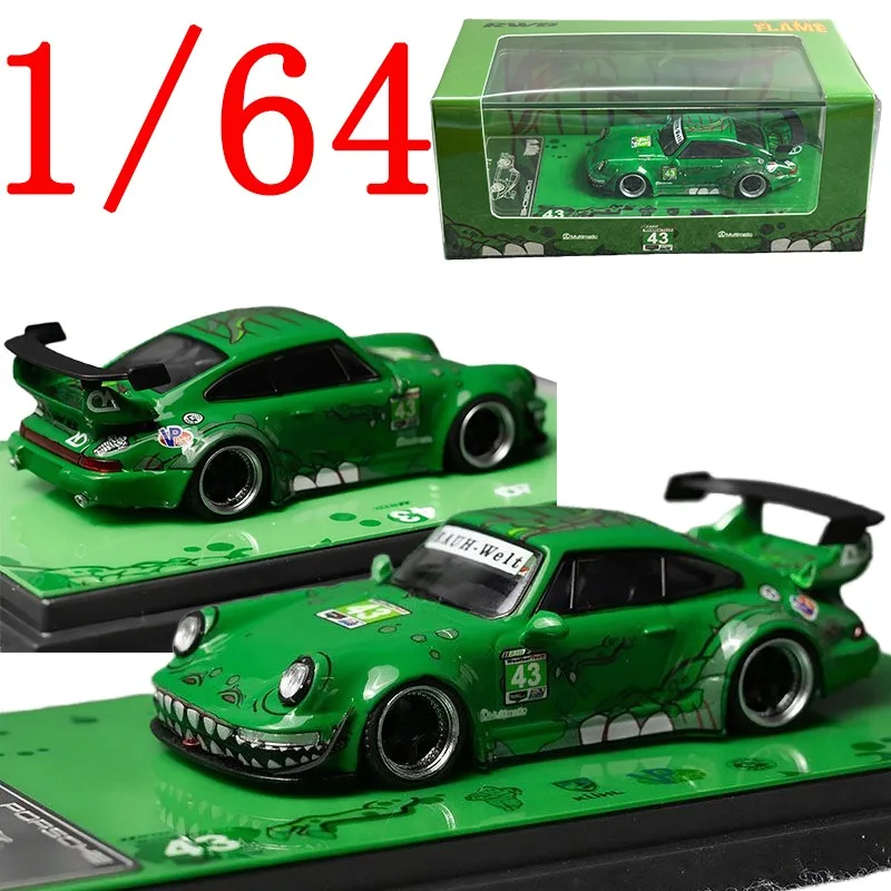 

Пламя литья под давлением масштаб 1/64 Porsche, модель автомобиля из сплава Porsche RWB 964, зеленый динозавр, игровые транспортные средства, игрушки для мальчиков, подарок, оригинальная коробка