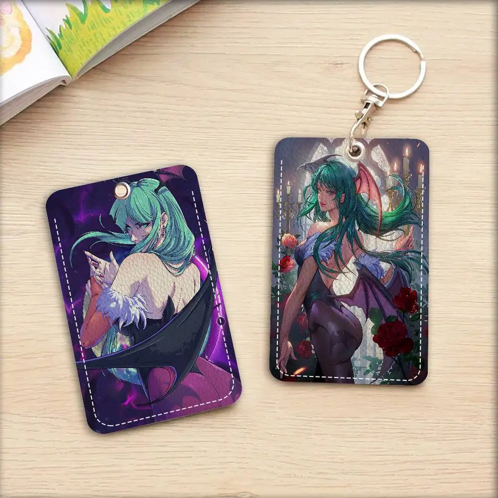 Girl Game M-morrigan Aensland Rectangle ID Card Case Keychain Access Card Bag Key Tag Ring Leather Card Holder Key Ring Access