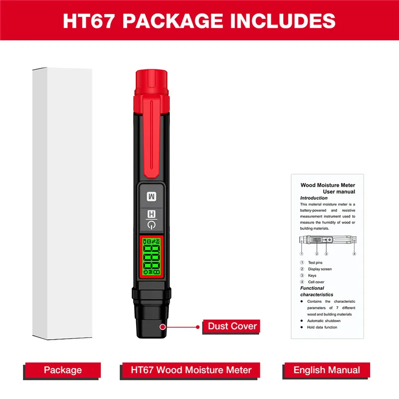 HT67 Digital Wood Moisture Meter 0-58% Timber Damp Detector LCD Display High Precise Portable Pen-Type Wood Timber Hygrometer