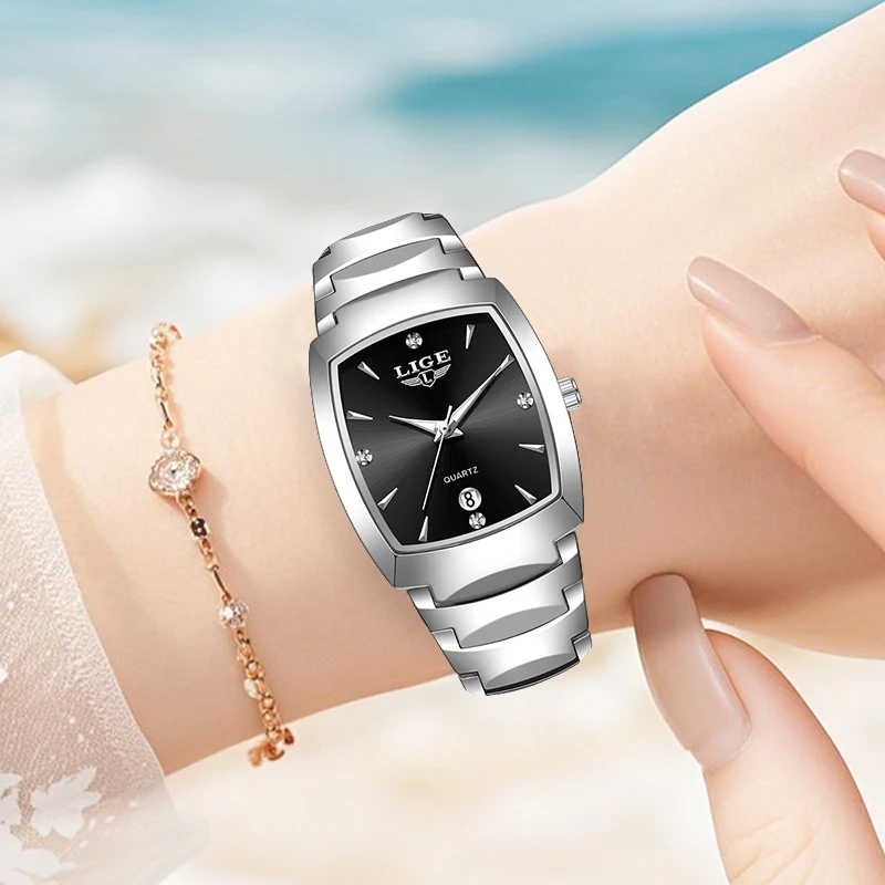 LIGE Square Fashion Luxo Elegante Relógios de Quartzo para Mulheres Casual Negócios Banda de Aço Inoxidável Data À Prova D 'Água Senhoras Presente + Caixa