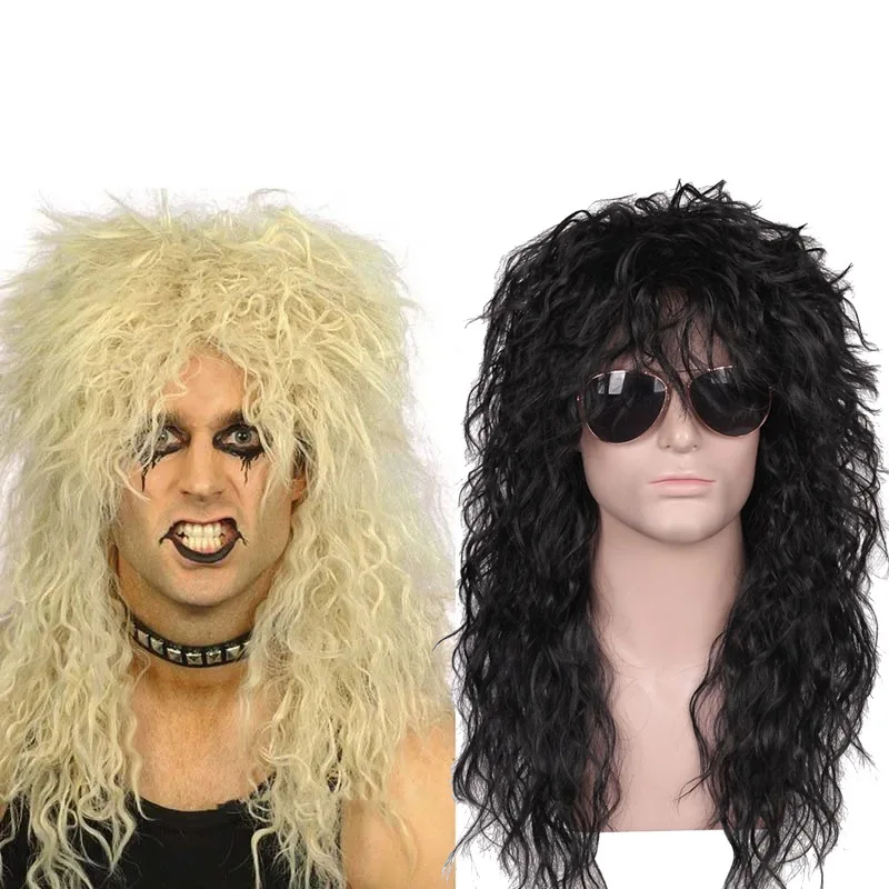WHIMSICAL 70s 80s Rockstar Wig Blonde Punk Fluffy Curvy Long for Men Wig Halloween Party Mullet Synthetic Wig Cosplay Rock Hair