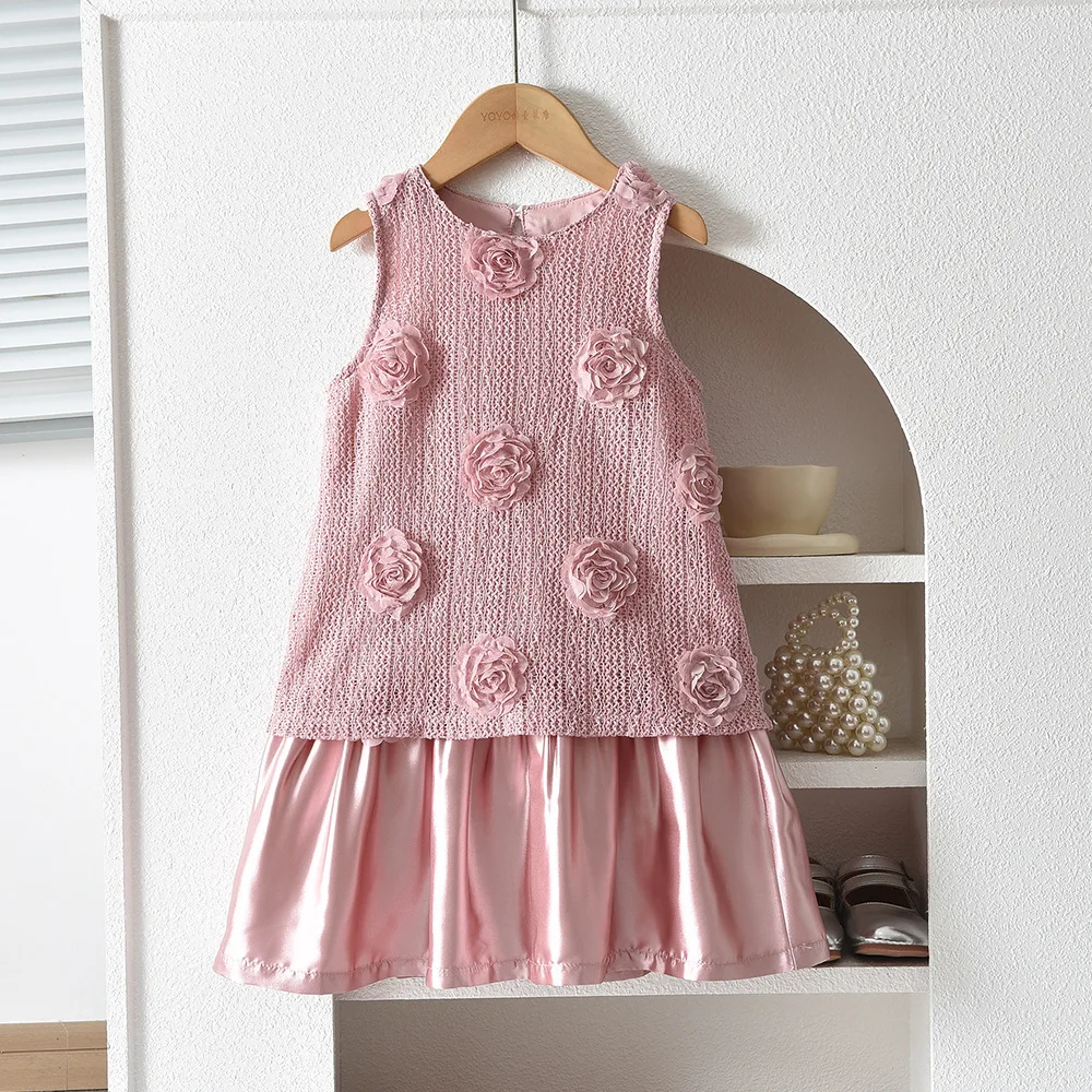 2026 Summer New Girls Dress Pink 3D Floral Sleeveless Vest Dress French Style Sweet and Beautiful Skirt for Kids Cross-border