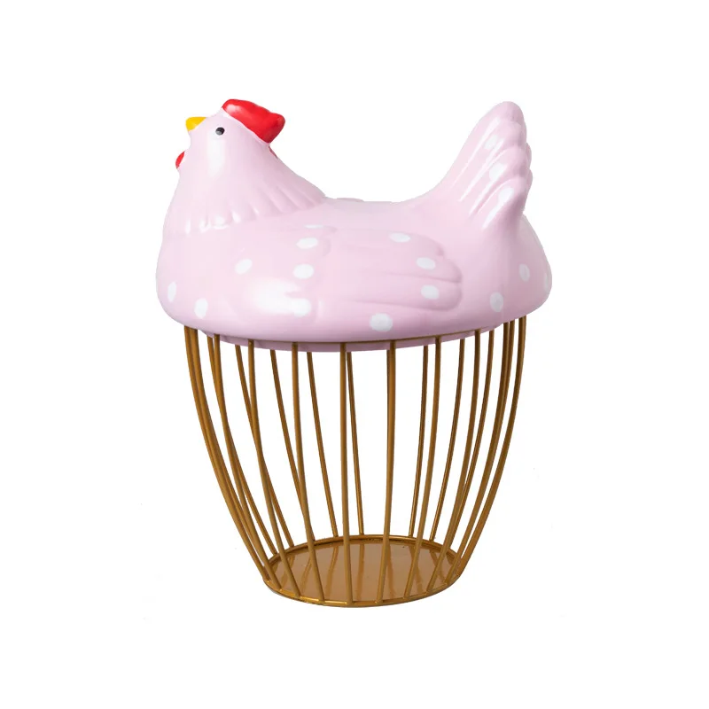 Nordic Garlic Egg Potato Storage Basket Ceramic Hen Ornaments Metal Rack Kitchen Utensils Food Debris Home Decor