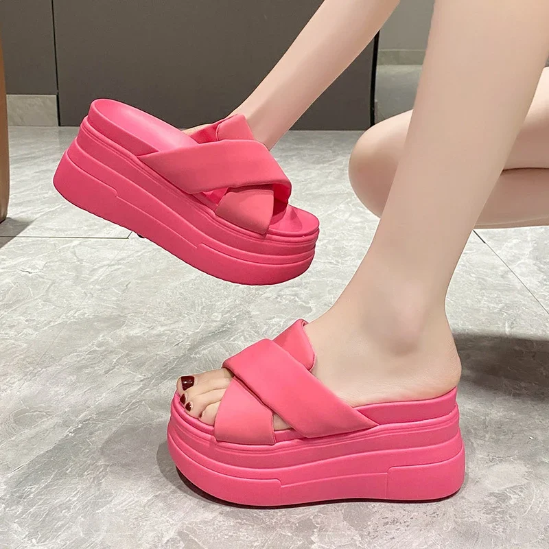 High Platform Slippers for Women Open Toe Leather Wedges Chunky Sandals New 2025 Summer Thick Bottom Female Beach Flip Flops 9CM