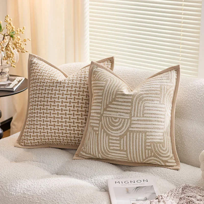French Luxury Khaki Oatmeal Pillow Covers Decorative Retro Geometric Houndstooth Jacquard Cushion Cover 20X20in Cream Home Decor