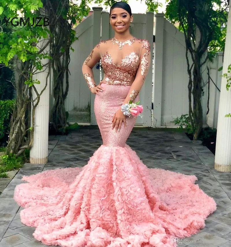 Long Prom Dress Pink 2023 for Black Girl Mermaid Sequin 3D Flowers Long Sleeves Sexy African Formal Evening Graduation Gala Gown