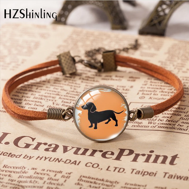 Dachshund Dogs Animal Pet Pattern Leather Bracelets Art Accessories Glass Cabochon Fashion Jewelry Gift