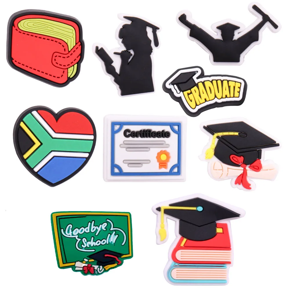 Dijes de PVC para zapatos, 1 piezas, BILLETERA, corazón, certificado de graduación, despedida de escuela, jardín, zapatos, botón, pulseras, adorno, regalo para niños