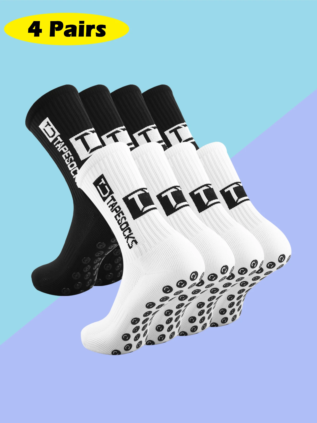 

4 пары новых футбольных носков с противоскользящими полосками, длиной до середины икры, для футбола, велоспорта и других видов спорта, мужские.