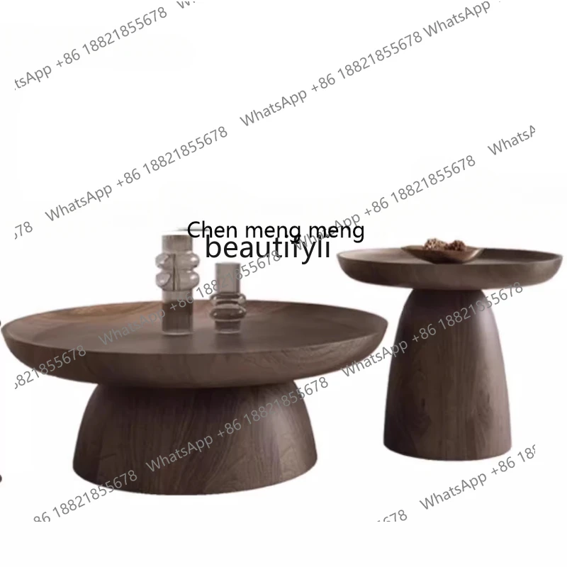 

walnut medium and ancient style log style high and low round coffee table living room small apartment combination creativity