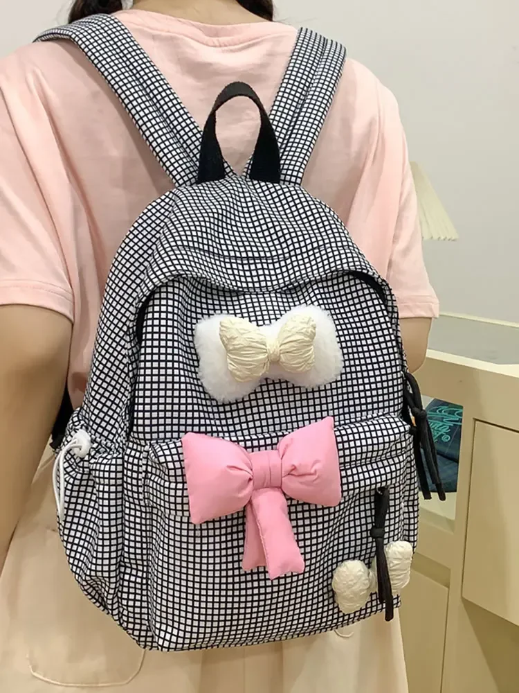 

Large Capacity Plaid Cute Bowknot Backpack Lattice Korean Style Nylon Student School Bag Solid Color Lightweight