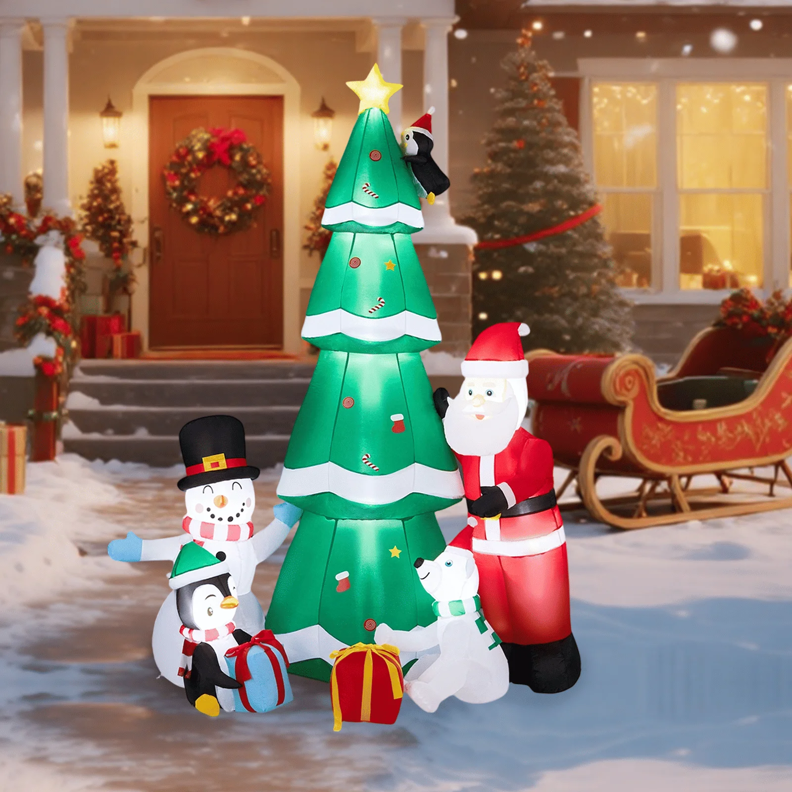 7.5FT Lighted Christmas Inflatable Decoration, Tree with Santa and Snowman, Funny Blow Up Yard Built-in LED for Holiday Party