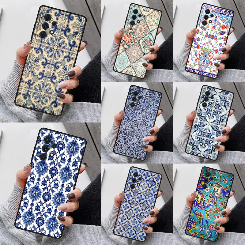 ANCIENT Floral Tiles Phone Case For Samsung Galaxy S23 S21 S20 FE S24 S22 Ultra Note20 S10 S9 S8 Plus A40 A52 A12 A13 A53