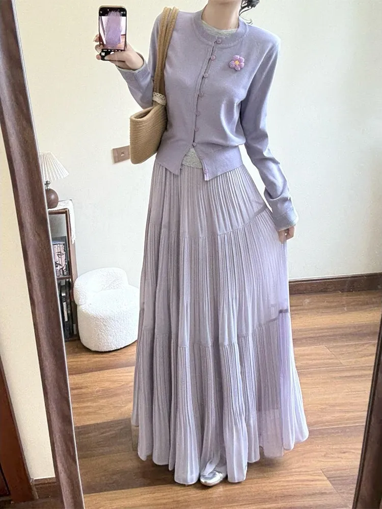 

plus Size Fashionable Knitted Set Women's Spring Slimming Long Sleeve Open Cardigan Half-length Skirt Two-piece Set Elegant
