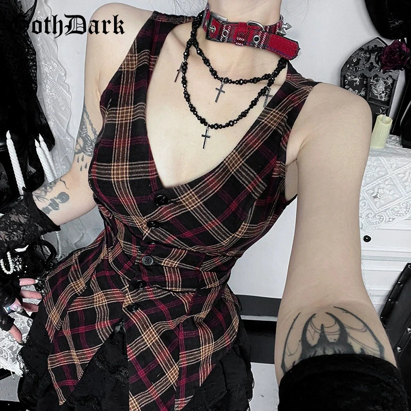 Gothic Dunkler Koreanischer Stil Knopflose Blusen 90er Vintage Kariertes V-Ausschnitt Tanktop Schlanke Sommer-Westen Mall Gothic Kleidung