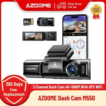 AZDOME 내장 GPS 와이파이 자동차 대시 카메라, M550, 4K + 1080P, 전면 내부, 후면 3 웨이, IR, 나이트 비전, 자동차 DVR 지지대, 후면 캠