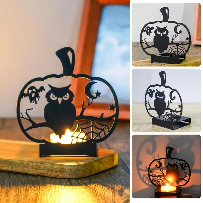 

Black Halloween Candle Holders Creepy Hollow Out Silhouette Candle Holder Halloween Table Decoration Metal Pumpkin Shape