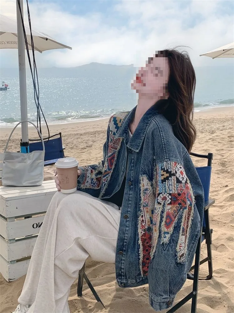Floral embroidered denim jacket women's spring and autumn new sweet cool fried street American niche jacket top popular