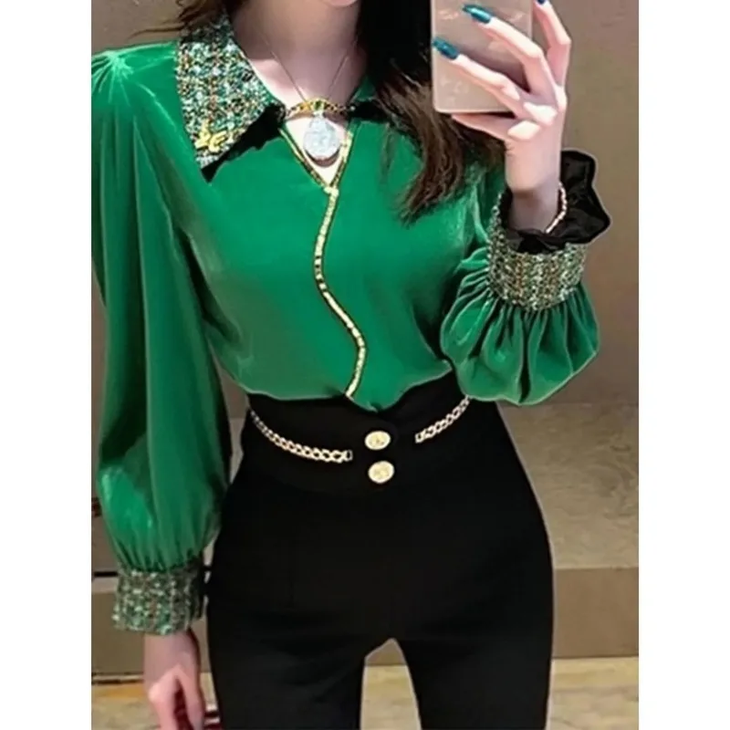 

Women's Green Velvet Long Sleeve Blouse with Sequin Collar Cuff and Gold Trim Elegant Party Office Top
