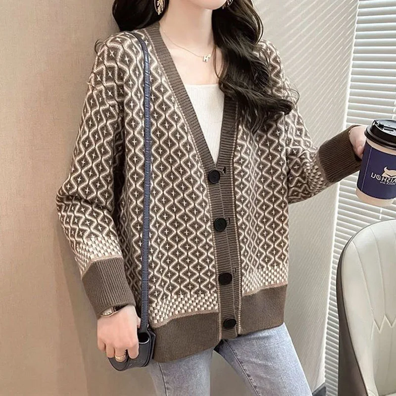 V-Neck Argyle Vintage Knitted Cardigan Spring Autumn Women\'s Clothing Fashion Loose Casual Button Long Sleeve Sweaters Female