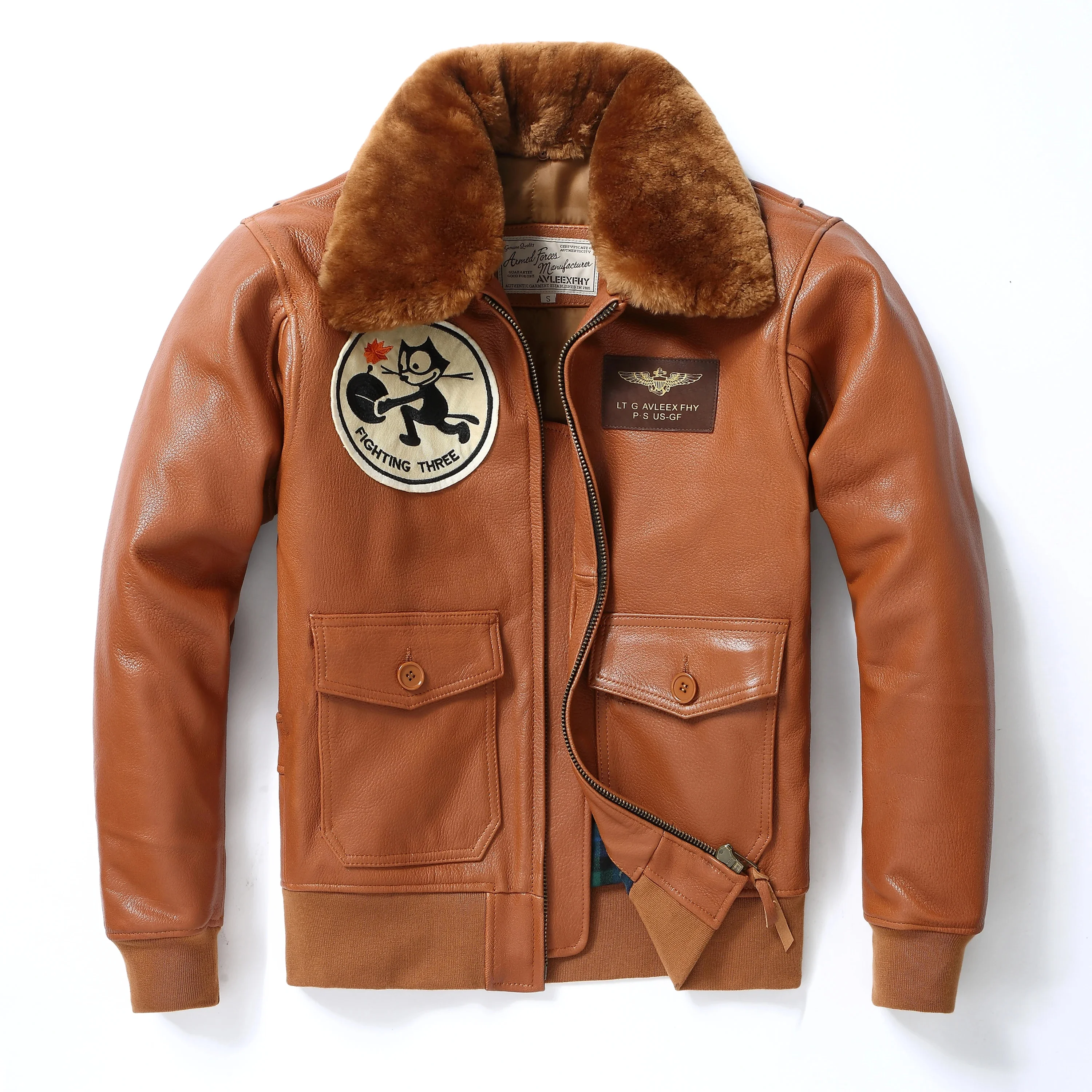Orange Winter Leather Jacket Men Military Style Plus Size 3XL Genuine Natural Thick Sheepskin Wool Collar G1 Flight Leather Coat