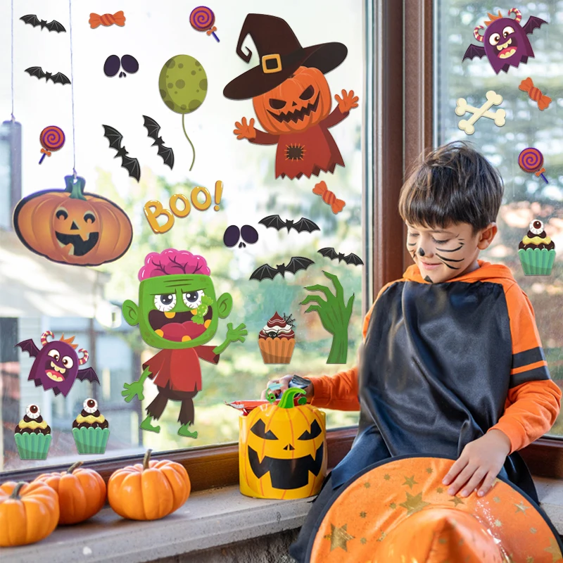 

9pcs Hallowen Wall Stickers Horror Witch Pumpkin Ghost Bat Glass Window Sticker Kids Favors Halloween Party Haunted House Decor