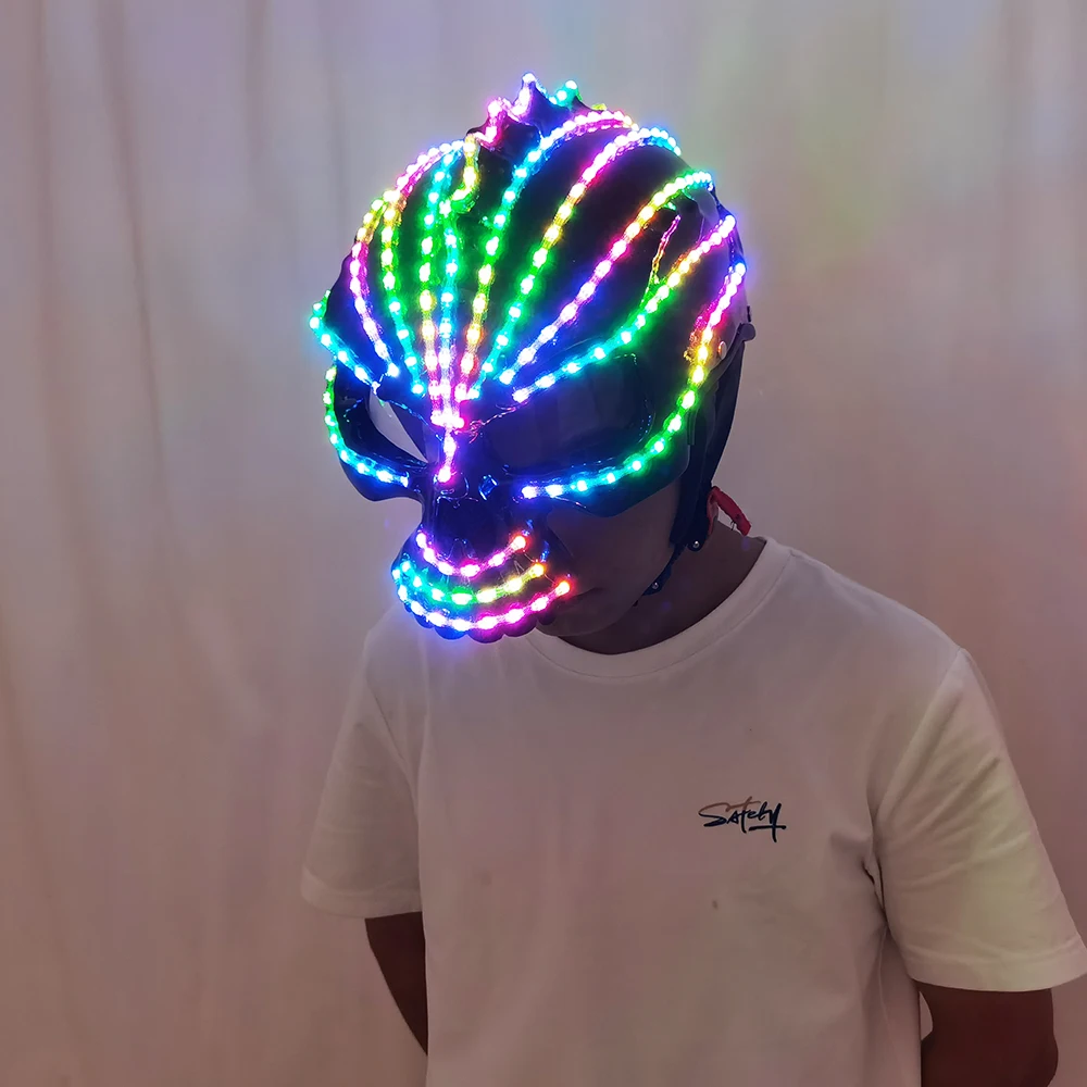 Casco LED de unicornio monocromático, iluminación a todo Color, sombrero de carreras, máscara, efecto cascada, traje de Robot brillante, accesorios de vestido de fiesta