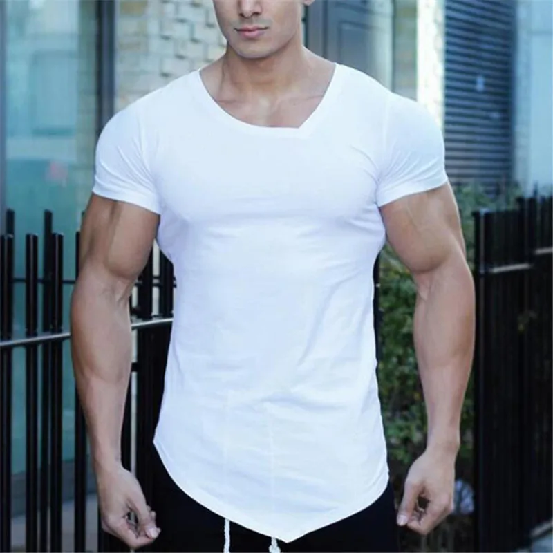 Gym Bodybuilding Fitness Muscle T-shirt Plain Summer Short Sleeve Cotton Breathable Shirts Mens Workout Slim Fit V-neck Clothing