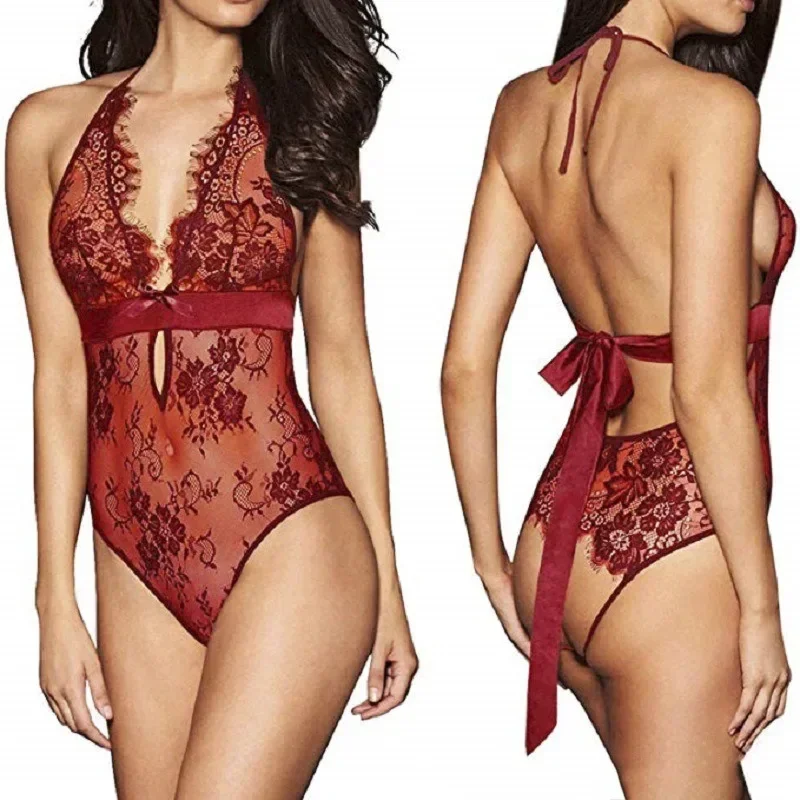 

Hot Sale Hollow Out Bodysuit Women Sexy Lace Perspective One Piece Body Shaper Nightwear Sling Jumpsuit Fun Nightgown Sleepwear