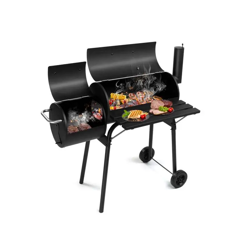

Угольный гриль со смещением курильщика, цельнометаллический уличный барбекю с приставным столиком и колесами для сада, патио и заднего двора