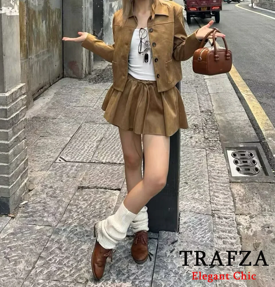 TRAFZA-Women Stylish Drawstring Elastic Waist Mini Skirt Suede Puffy Skirt with Safety Pants 2024 Summer Date Vacation Skirt