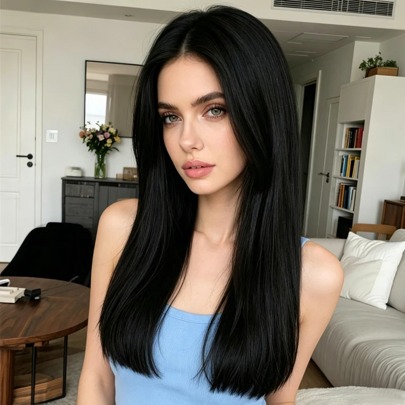 28-inch synthetic black long straight wig with a natural middle part, creating a youthful and casual everyday look.
