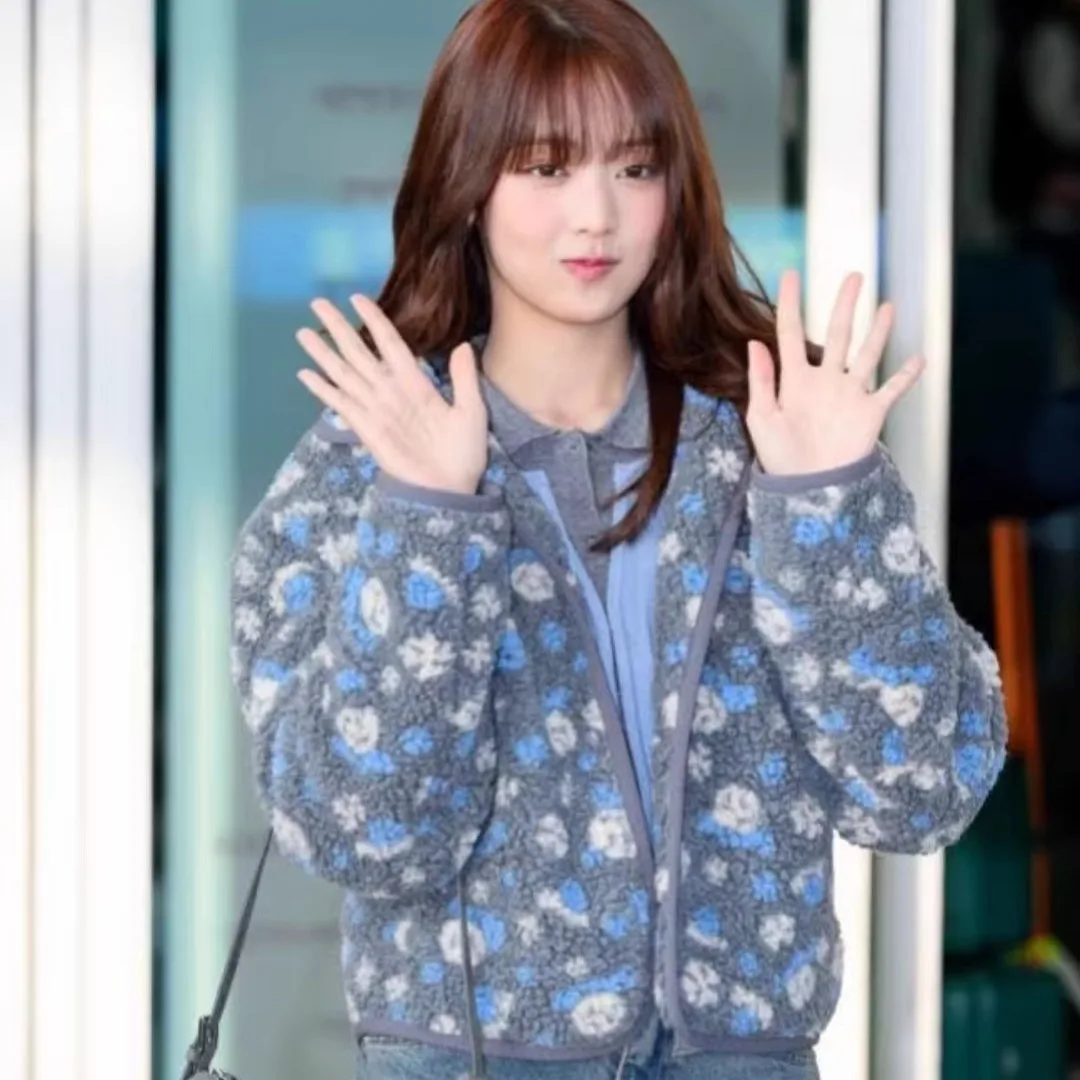 

Minnie Women's Fce Jaet Stand Collar Sweet Flower Patterned Oversized Warmth Vintage Sle Long Sve Zipper Closure