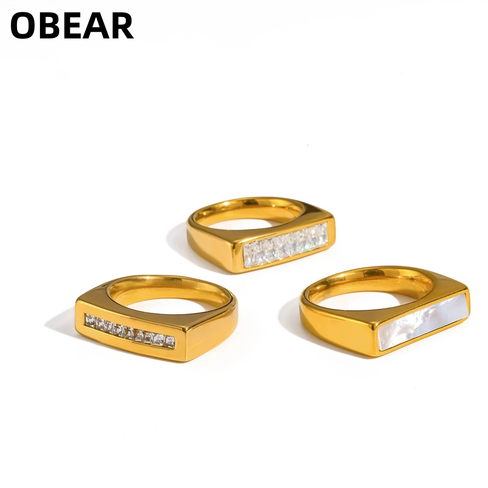 Stainless Steel 18K Gold Plated Signet Ring with Baguette CZ & Mother of Pearl,  Stackable Statement Ring for Women