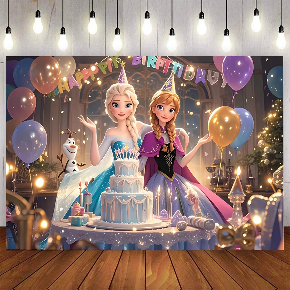 Décor de fond de scène Elsa et Anna des dessins animés La Reine des Neiges, idéal pour les fêtes d'anniversaire de petites princesses, les baby showers, et comme bannière de fond photo