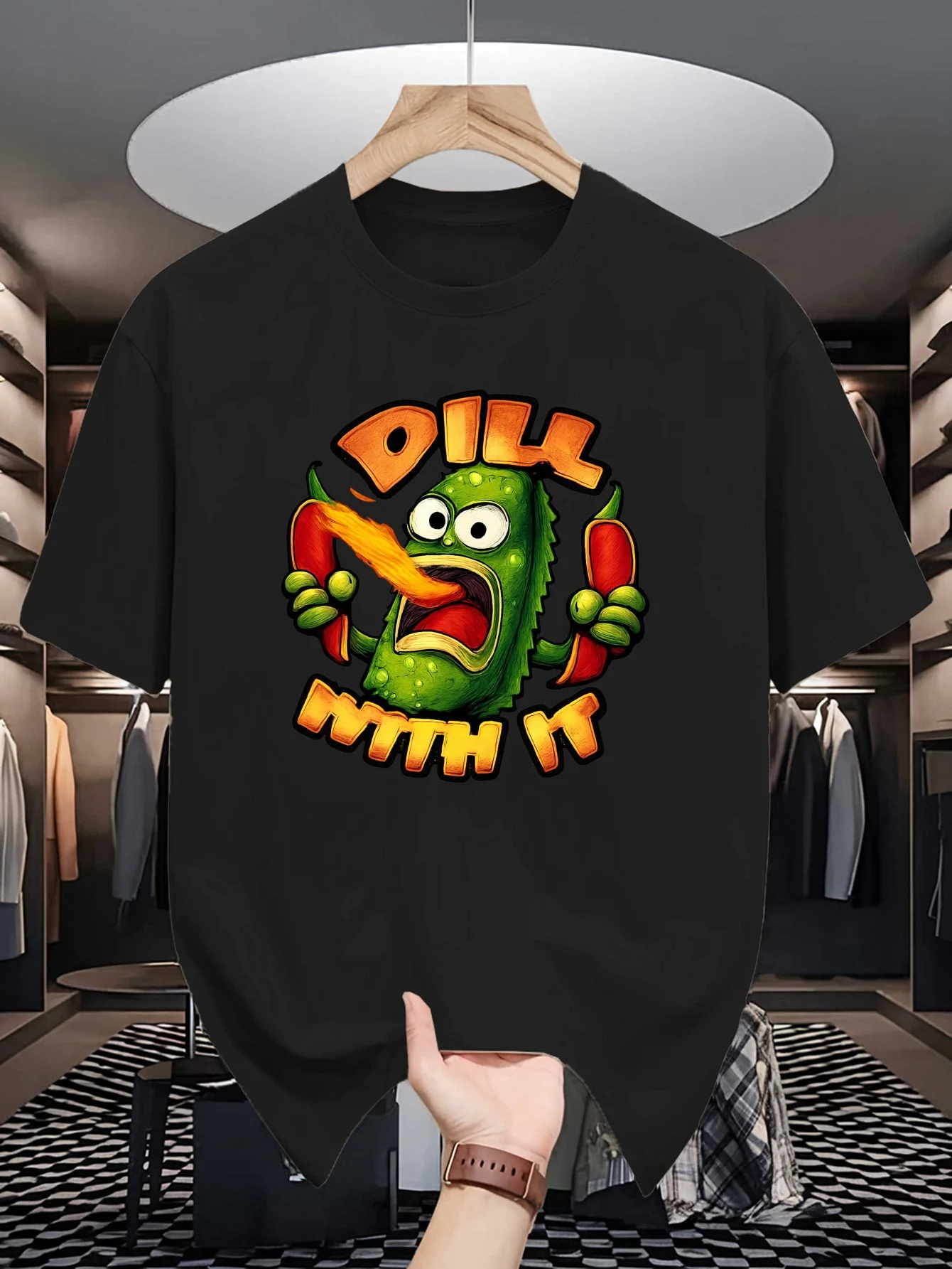 Spicy Pickle Cartoon Graphic Mens Crew Neck T Shirt Dill With It Funny Pun Slogan Print Short Sleeve Casual Cotton Daily Tops