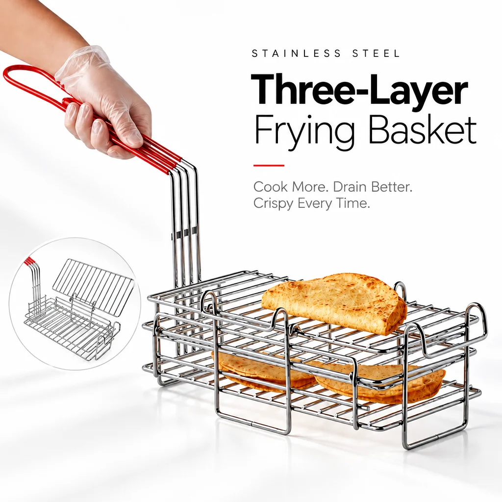 3‑Tier Metal Deep Fry Basket with Hinged Flip Cover Anti‑Scald Red Handle for Tortilla Taco Chips Home Restaurant Kitchen