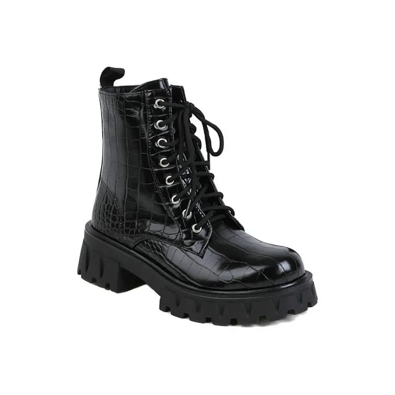 Sianie Tianie Green Yellow Womens Winter Shoes Crocodile Skin Pattern Thick Sole Platform Lace-up Woman Riding Ankle Goth Boots view 4