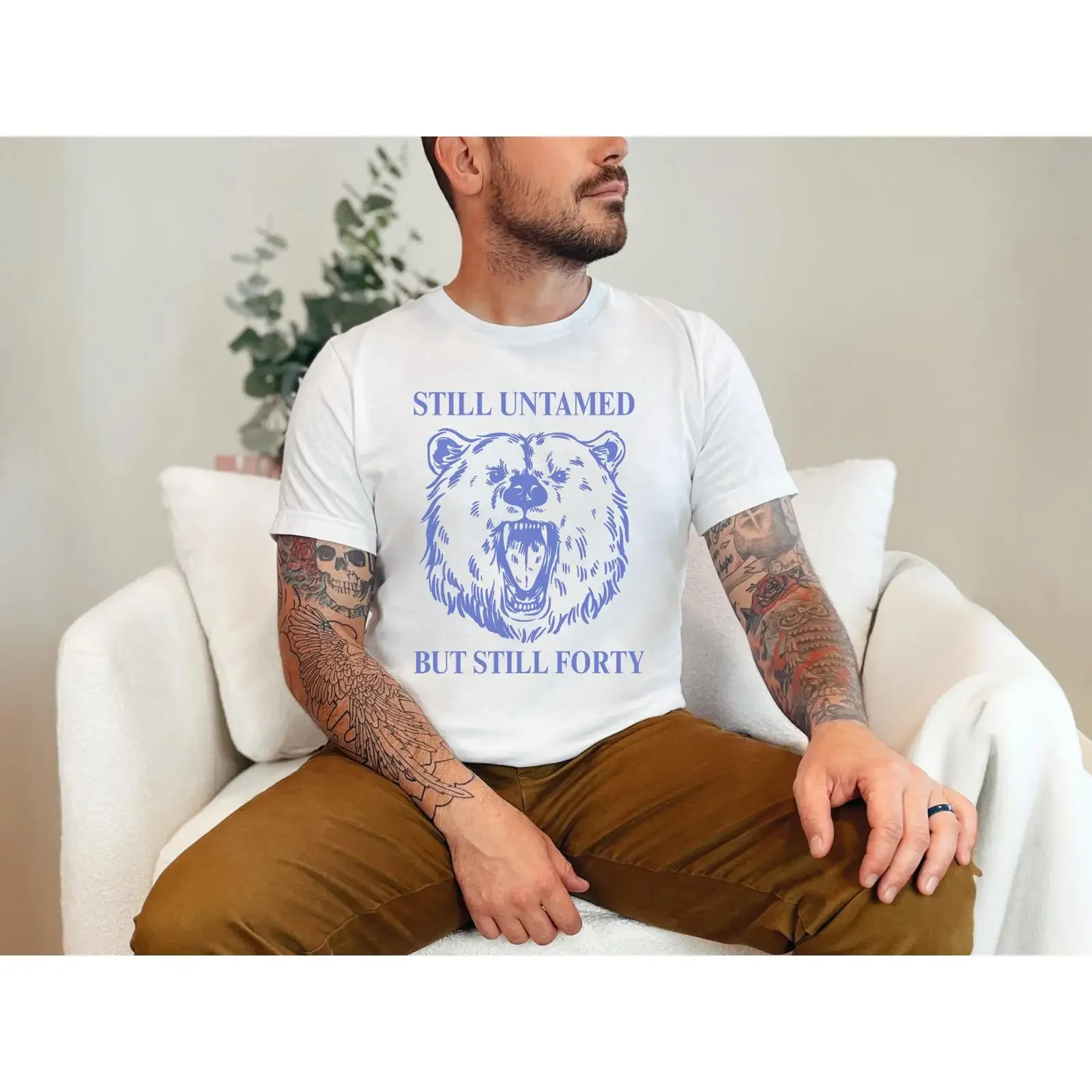 Still Untamed But Forty Grizzly Bear Print T shirt Men's 40th Birthday Funny Fortieth Milestone Bday Casual vintage Washed Soft