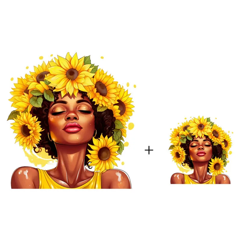 Black Girl Patch On Clothing Iron On Transfers Patch African Roots Thermal Sticker DIY Sunflower Girl Heat Transfer Sticker