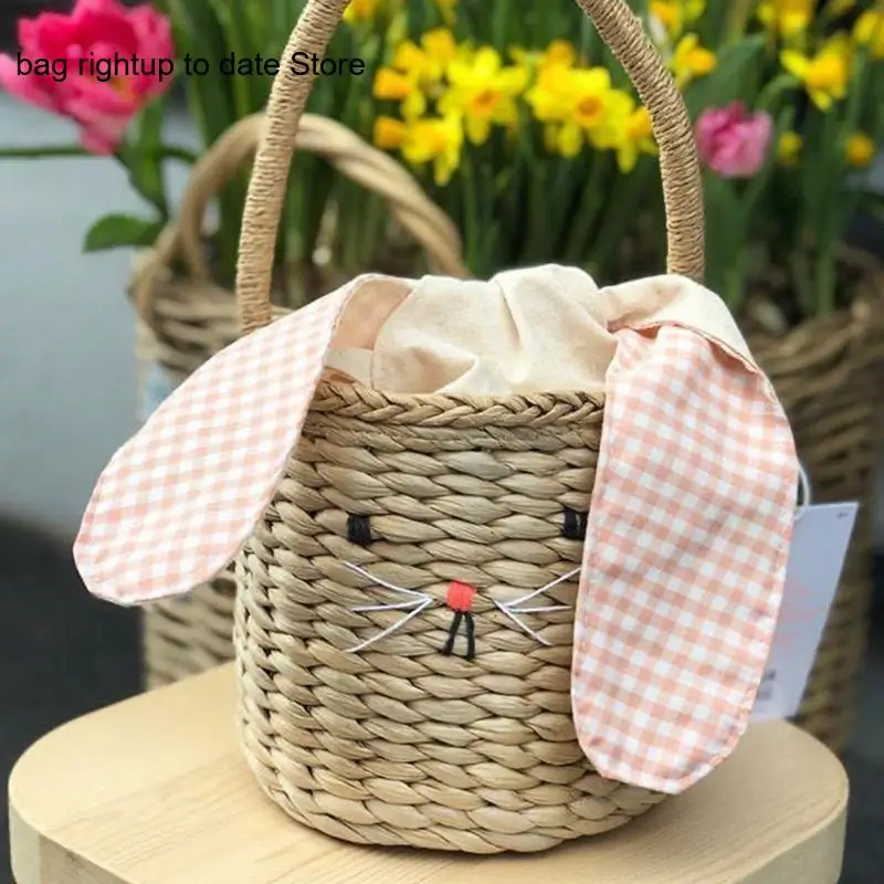 Ins Korean Children's Grass Weaving Cartoon Big Eared Rabbit Children's Room Decoration Photography Props Handbag