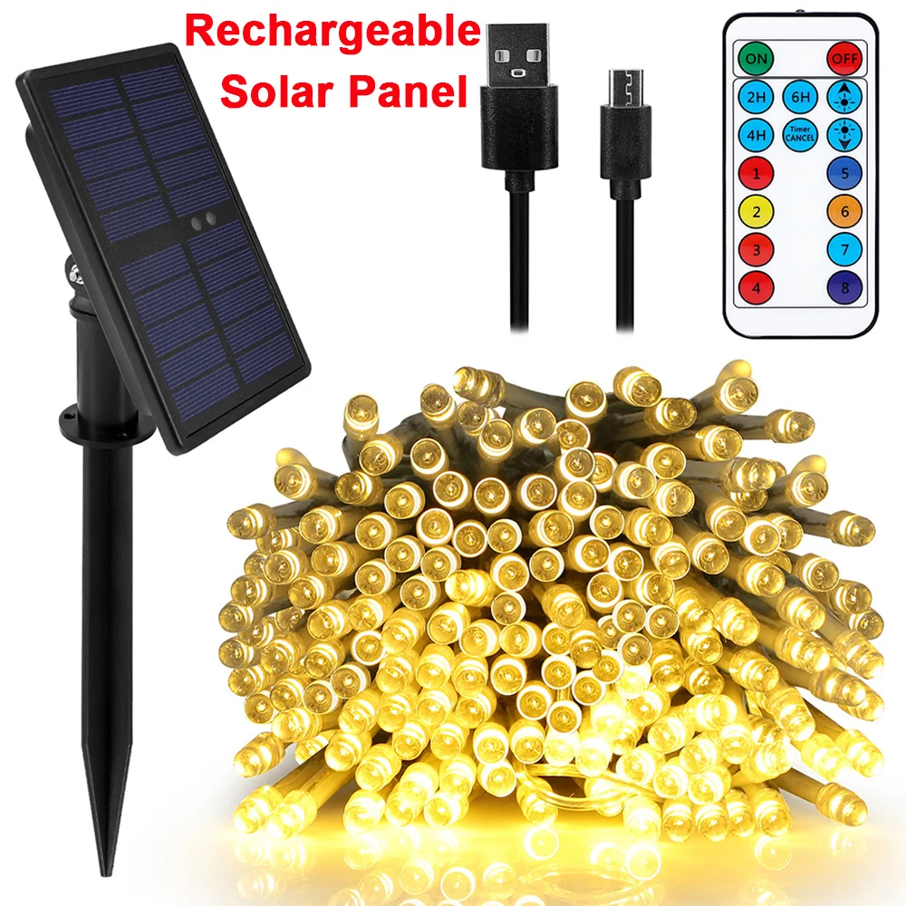 

200LEDs Solar String Lights USB Rechargeable 8 Modes Remote Fairy Light With Timer Auto ON/OFF Waterproof Garden Party Decor