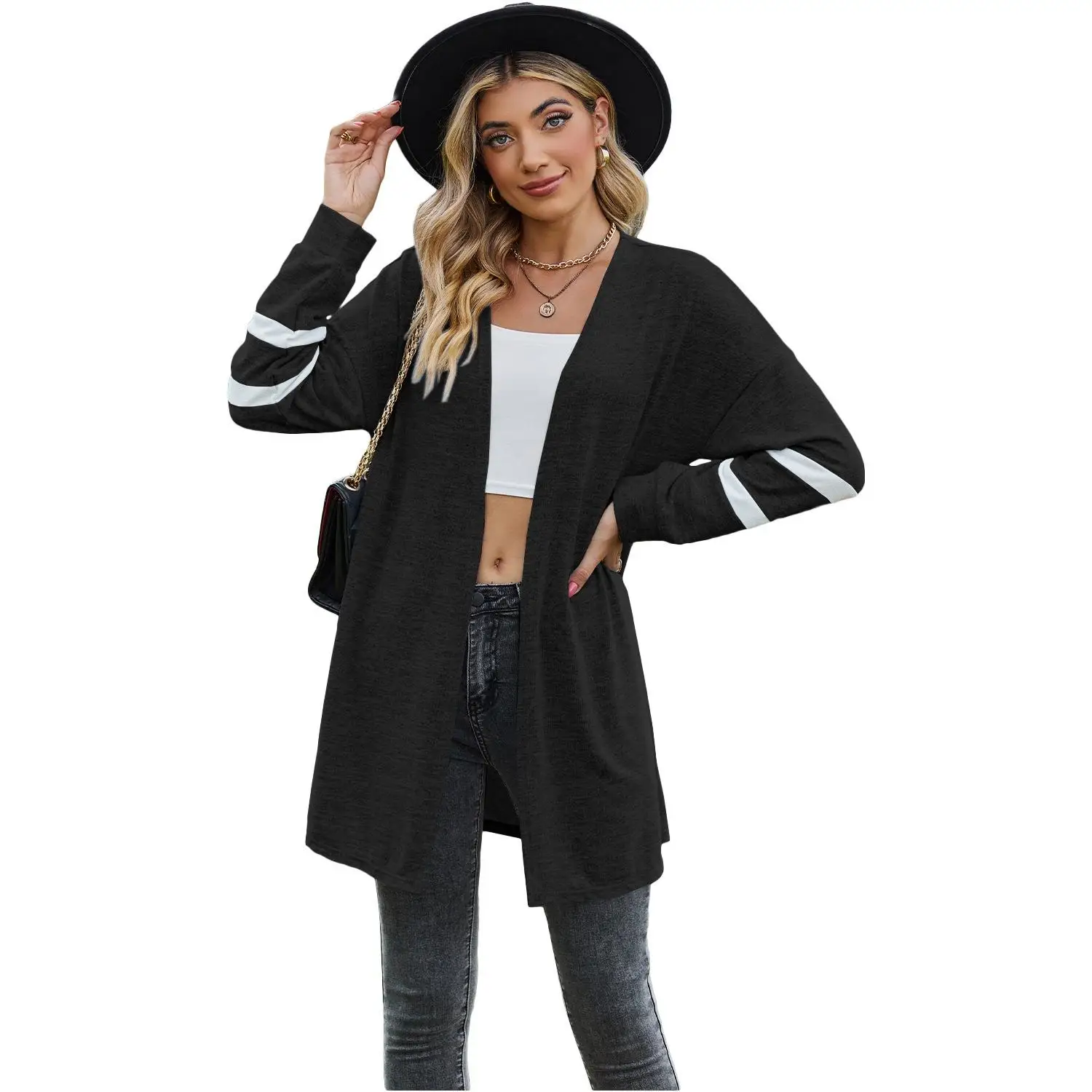 Women's Long Patchwork Knitted T-irt Sved Sweatirt Polyester Fiber Casual Sle Open Cardigan Single Piece Autumn 2023