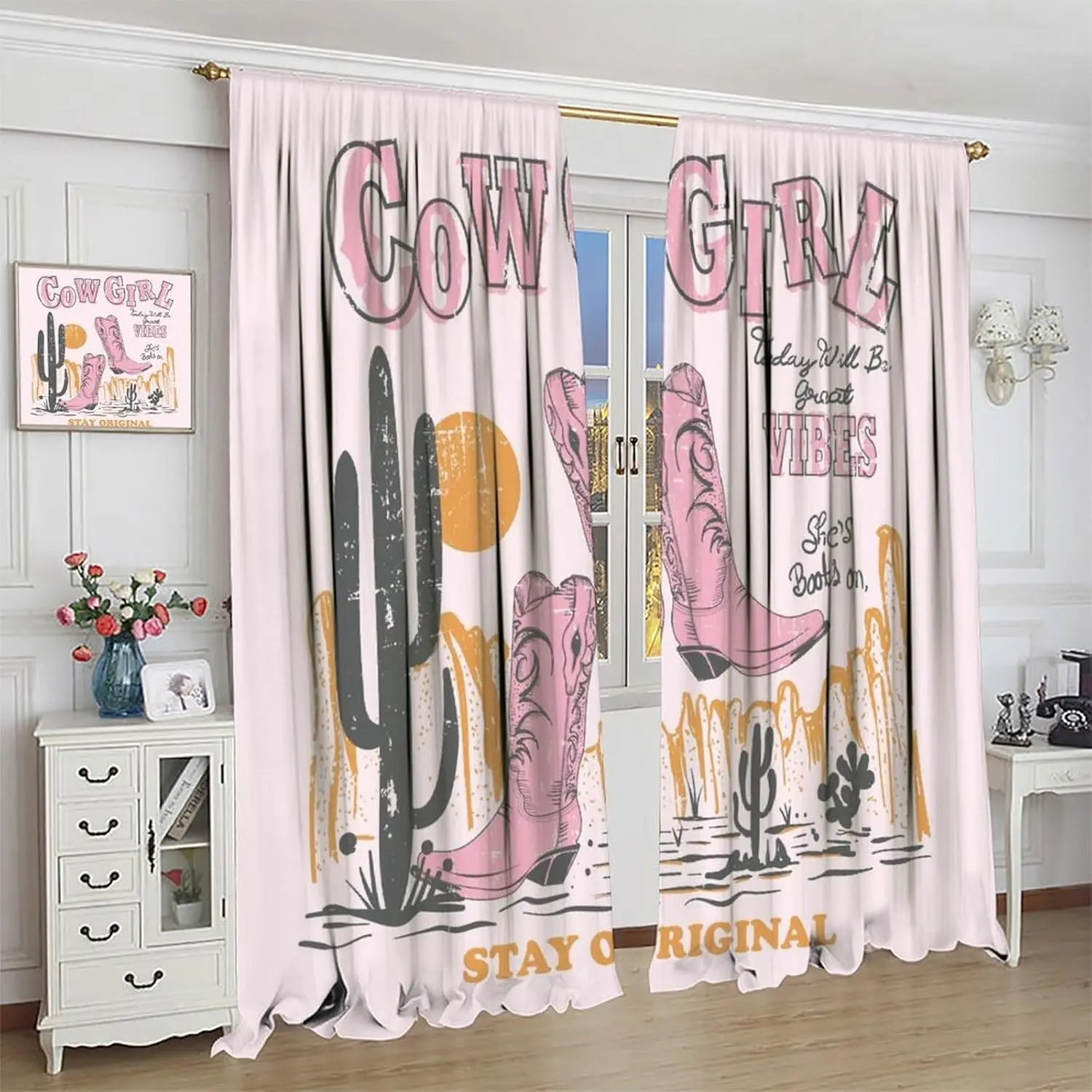 Cowgirl Curtains Wild West Desert Cactus Pink Boots Vintage Rustic Girls Bedroom Living Room Bathroom Blackout Rod Pocket