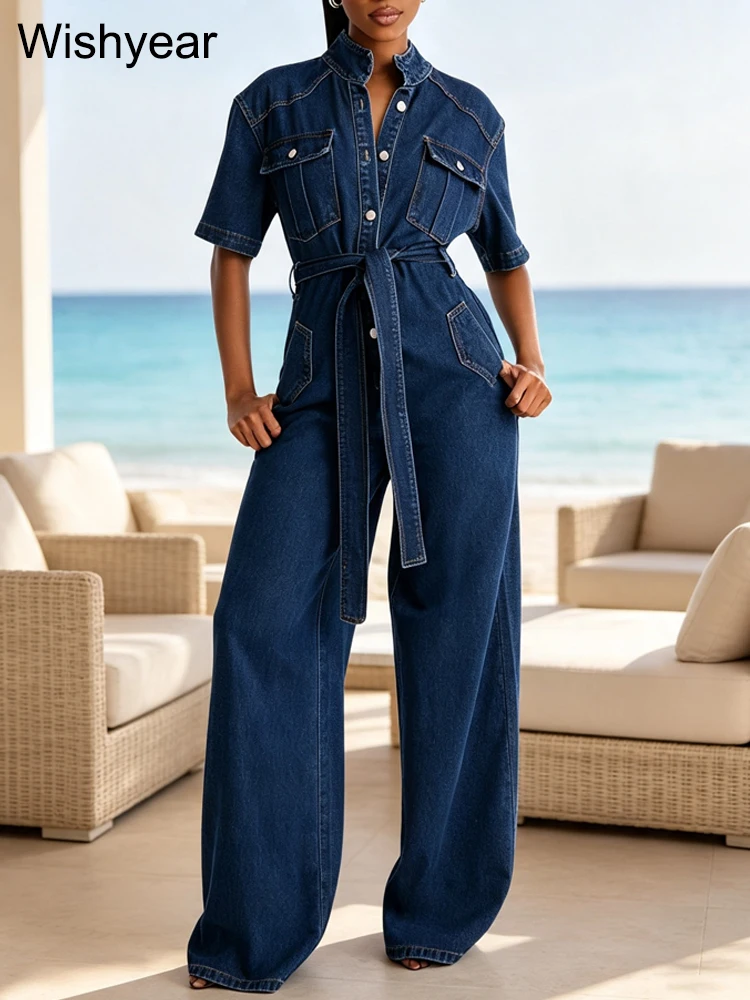 Ladies Dark Blue Denim Jumpsuit Short Sleeve Collared Button Front Belted Waist Wide Leg Pants Casual Vacation Streetwear Work