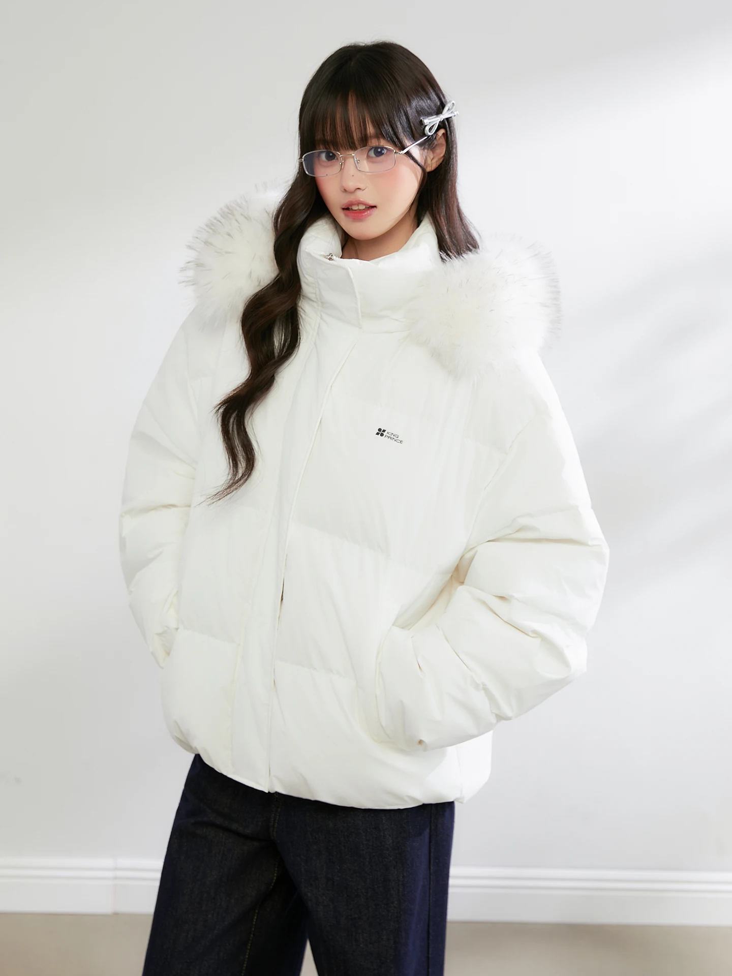 

Пуховик King Prince White Du с капюшоном, свободный крой, теплый, женская верхняя одежда, повседневный стиль, неразъемный капюшон