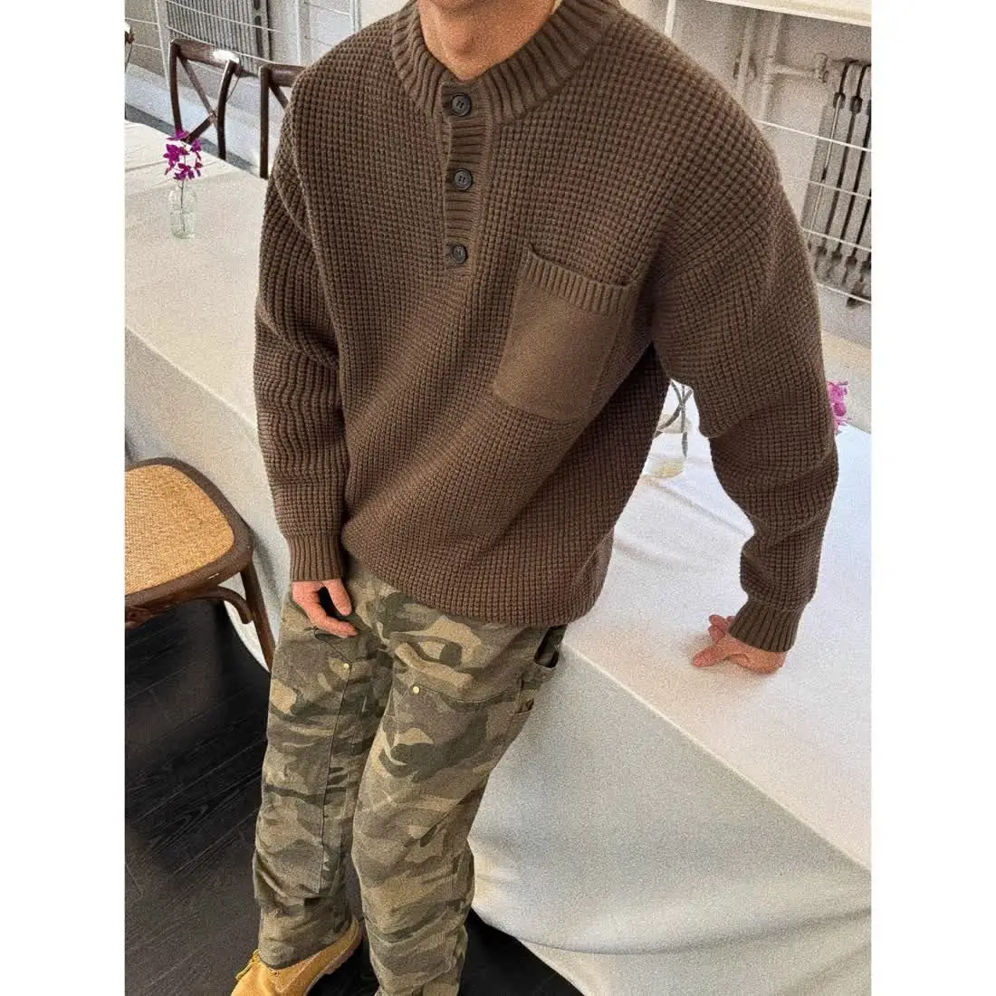 Henry neck round neck half collar sweater men's solid color Korean long-sleeved sweater retro casual high-end sweater trend