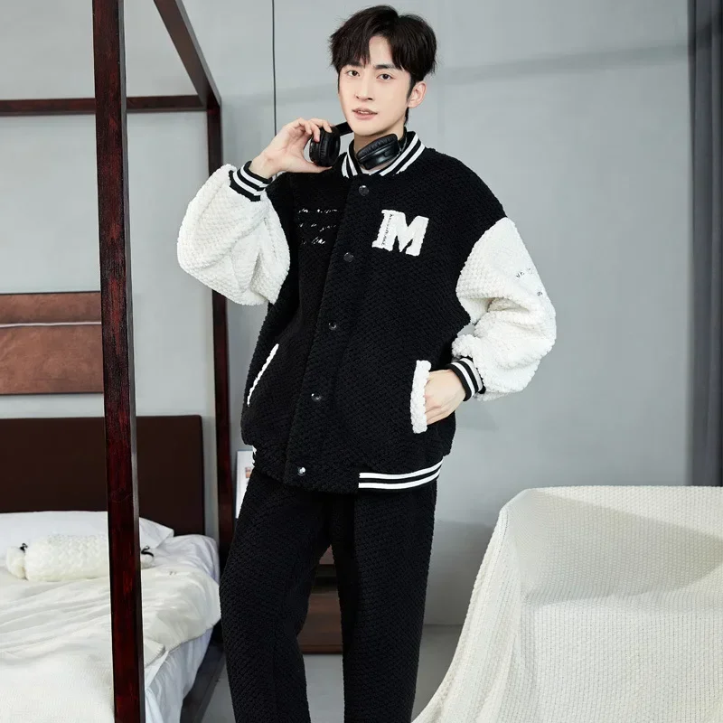 Patchwork Sports Style Mens Pajamas Set  V-neck Winter Warm Fluffy Coats + Long Pants Coral Fleece Men's Homewear Sleep Lounge