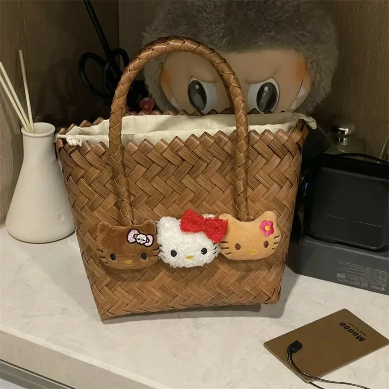 Miniso Black Leather KT Cat Vine Weaving Bag Summer Cute Hello Kitty Mini Handbag Travel Autumn Park Girl Holiday Gift Commuting